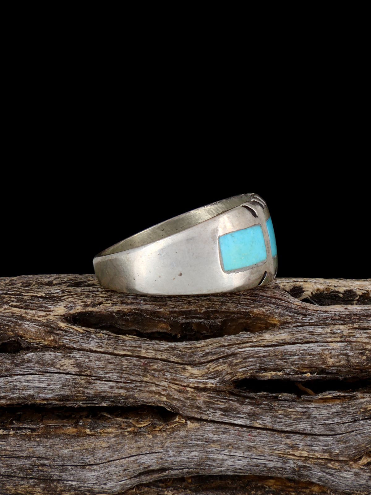 Old Sterling Silver Turquoise Inlay Ring, Size 6 1/4