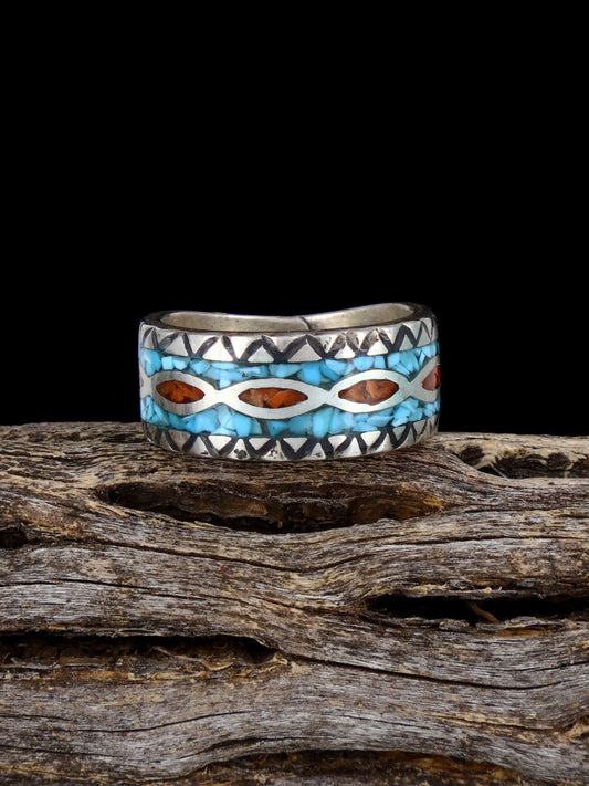 Old Sterling Silver Turquoise and Coral Chip Inlay Ring, Size 6