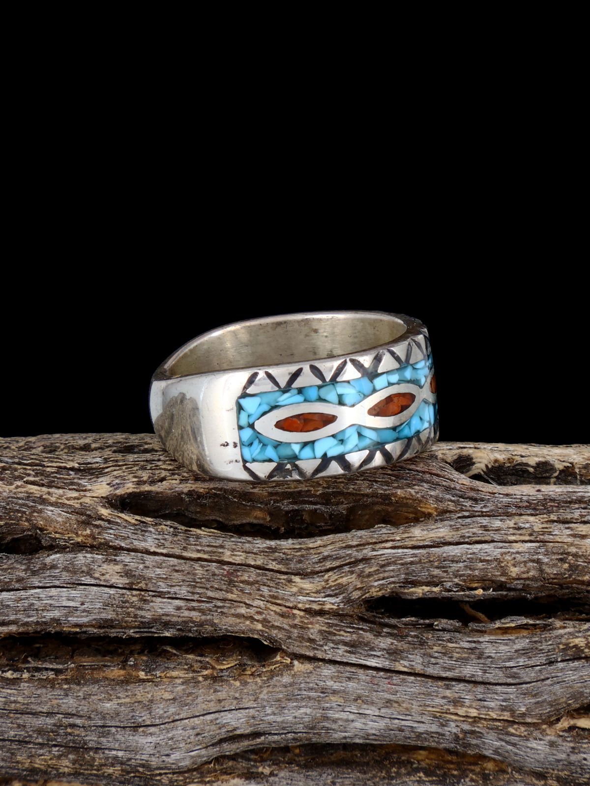 Old Sterling Silver Turquoise and Coral Chip Inlay Ring, Size 6
