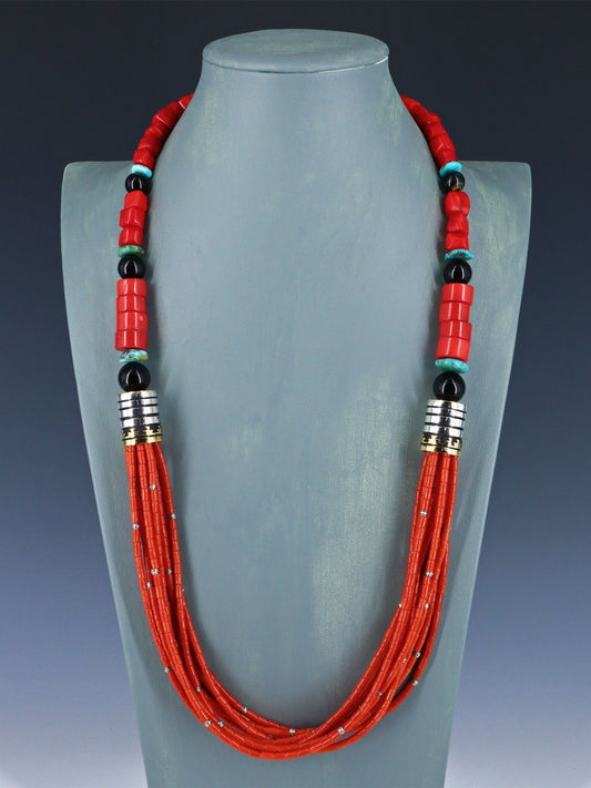 30" Navajo Bamboo Coral Multi Strand Beaded Necklace