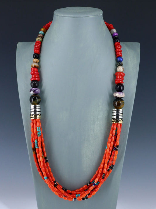 30" Navajo Bamboo Coral Multi Strand Beaded Necklace