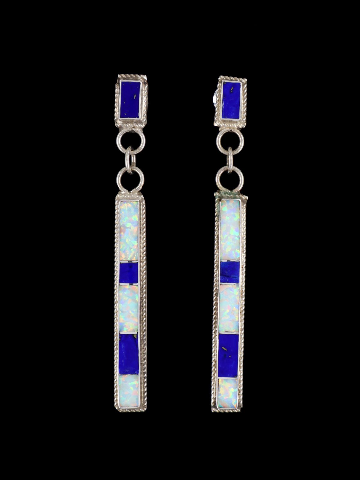 Sterling Silver Zuni Opalite and Lapis Inlay Earrings