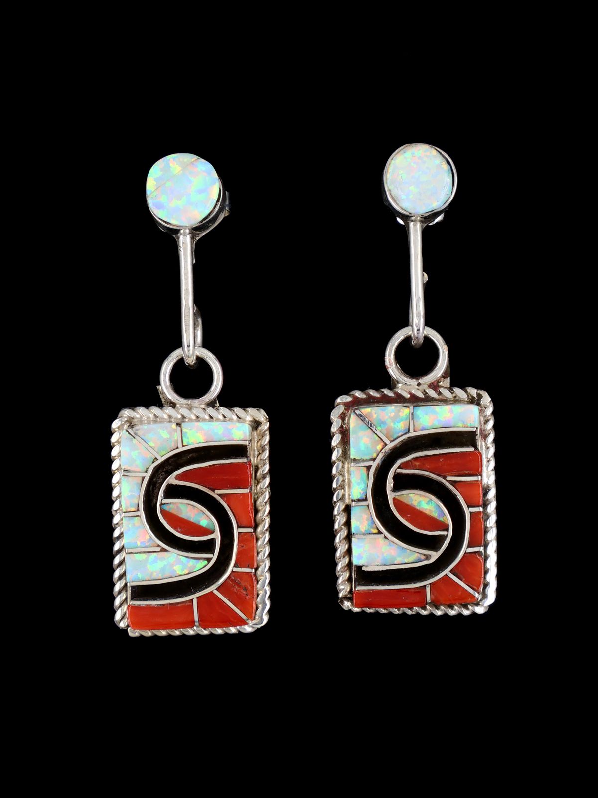 Sterling Silver Zuni Opalite and Coral Inlay Post Earrings