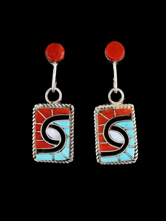 Sterling Silver Zuni Turquoise and Coral Inlay Post Earrings