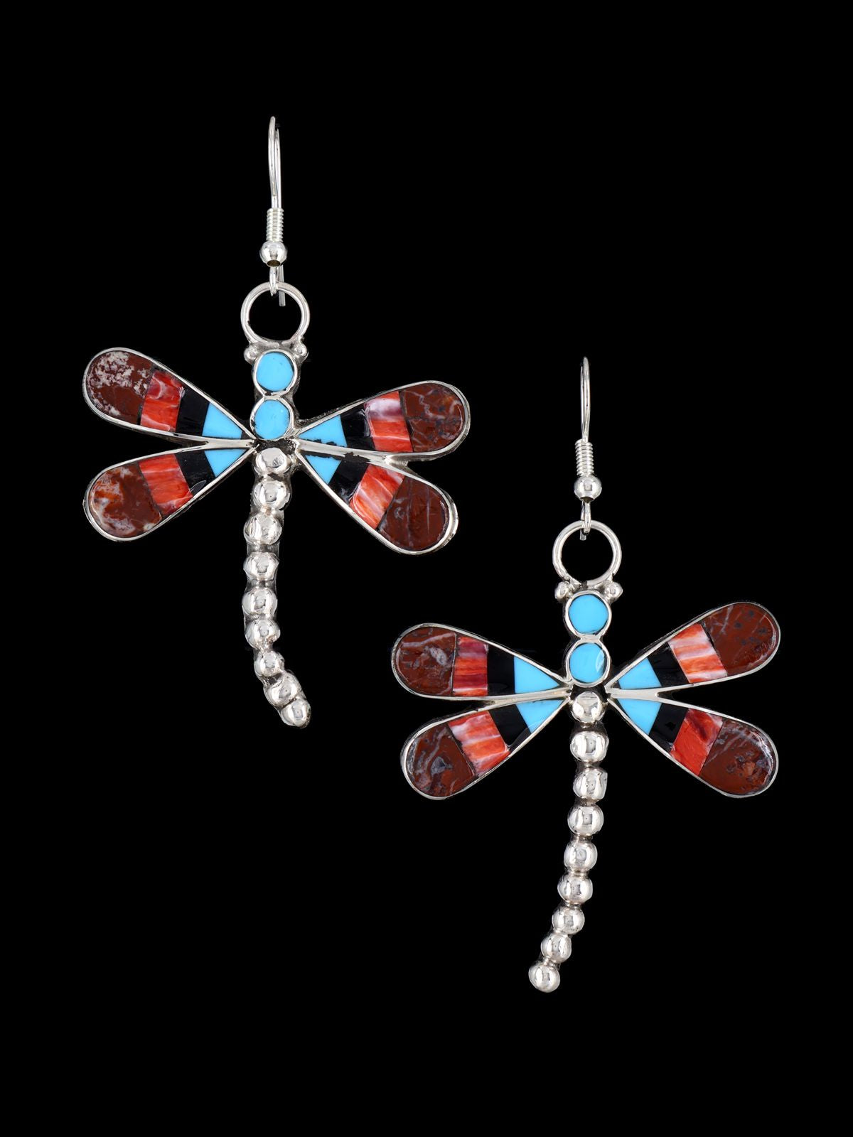 Spiny Oyster and Turquoise Inlay Dragonfly Dangle Earrings